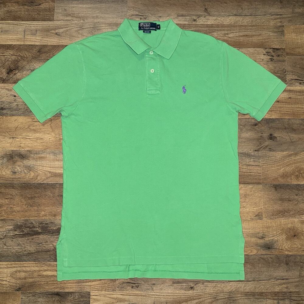 Vintage Polo Ralph Lauren Green Short Sleeve Shirt Size Medium Purple Logo